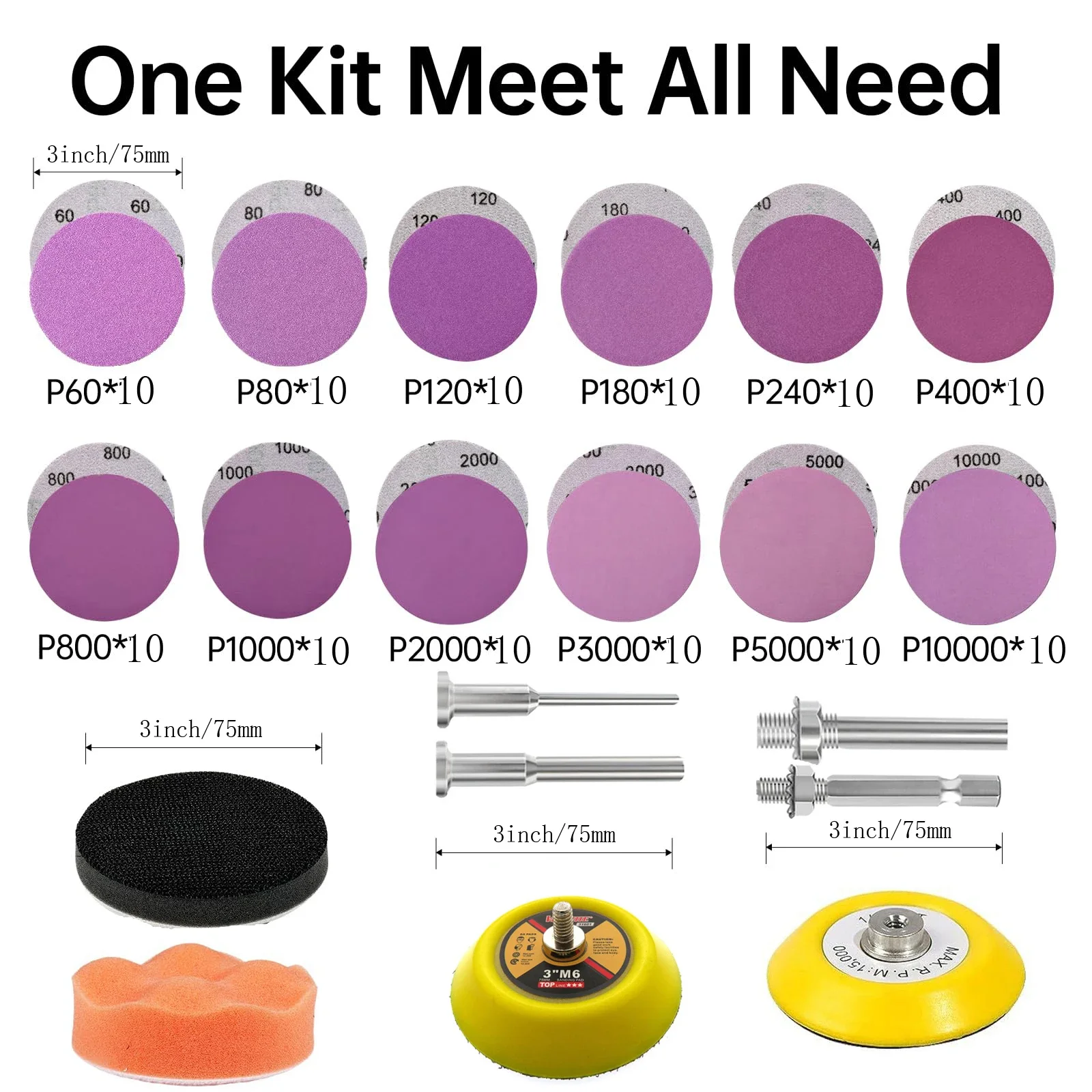3Inch 75MM Purple Sandpaper Kit 3-128Pcs Wet and Dry 60-10000Grit with Polishing Pad and Interface Pad for Grinding Car Wood