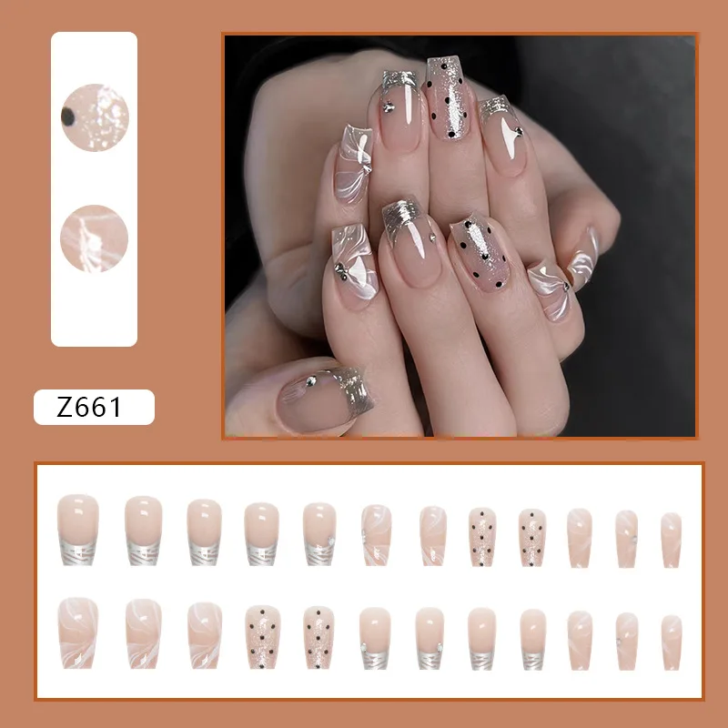 24pcs Silver French Vintage Spring Summer Fashion False Nails To Stick Artificial Press on Nails for Girls Fake Nails with Glue