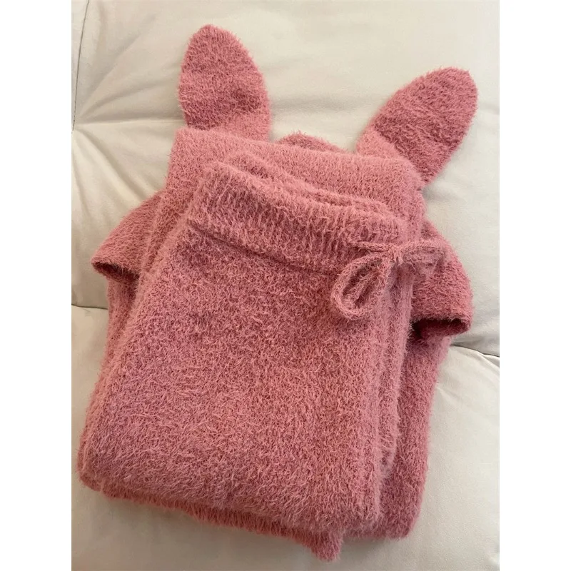 Intensification Plush Knit Soft and Glutinous Loungewear Thermal Suit Hooded Cute Rabbit Solid Color Pajamas Female Winter Style