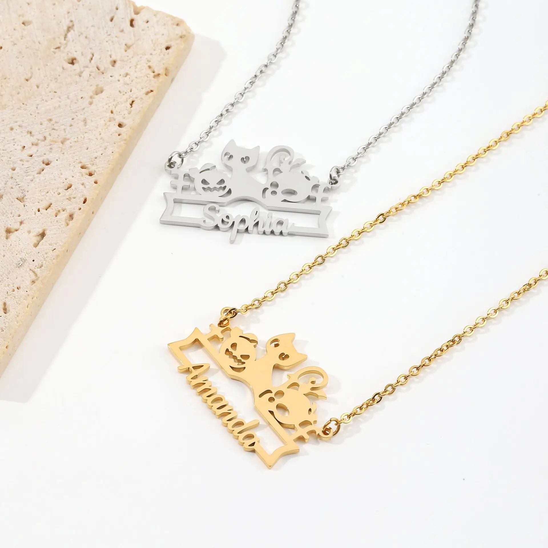 

Personalized Cat Pumpkins Name Necklace Halloween Gifts Necklace Halloween Party Necklace Jewelry for Women Name Halloween Gift