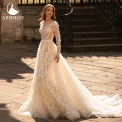 Aedmgh A-Linie Boho Brautkleider O-Ausschnitt Langarm Vestido De Novia Spitze Applikationen Perlen Pailletten Maßgeschneidertes Brautkleid