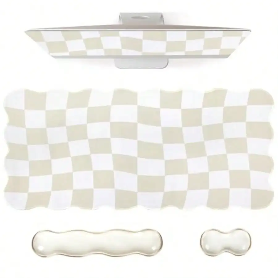 

Beige Checkered Mouse Pad SetScalloped XXL Desk Mat + Ergonomic Mouse Wrist Rest + Gel Keyboard Wrist Rest for Keyboard 65%/7