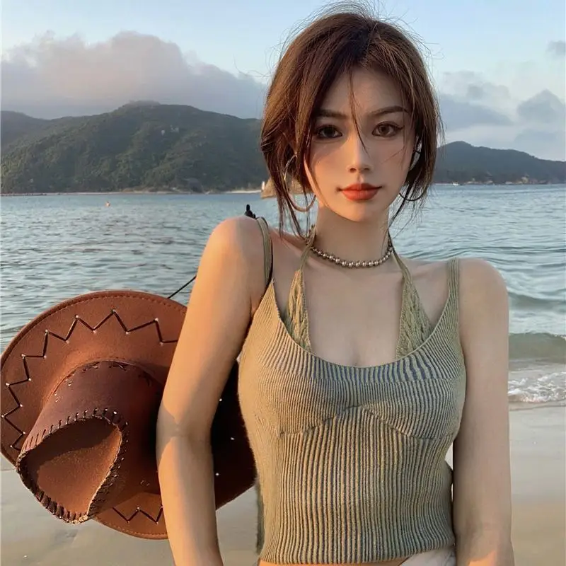 Women Summer Fake Two Piece Knitted Suspender Vest Hot Girl Short Paragraph Inside Youthful Vitality Japanese Style Daily Sexy