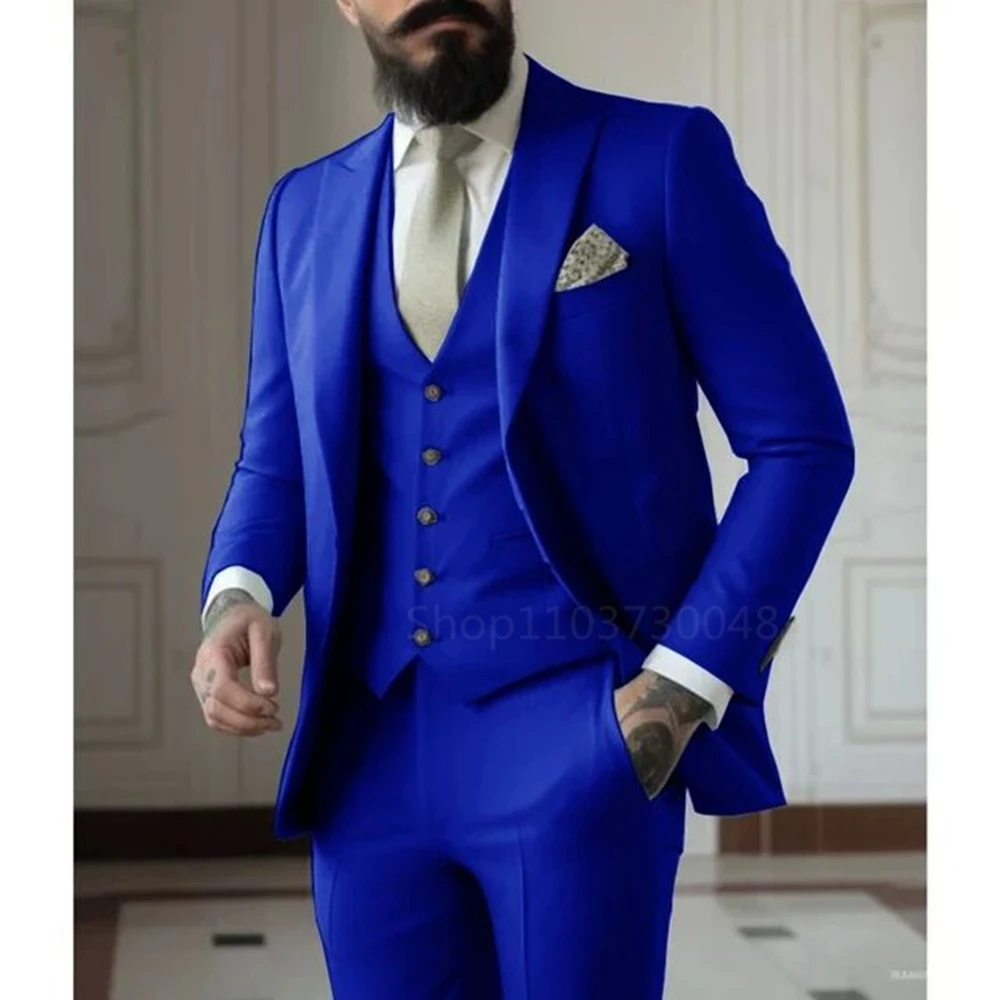 Latest Solid Formal Men\'s Suit Slim Fit Elegant Groom Tuxedos Wedding Business Party Suits 3 Pieces Sets (Jacket+Vest+Pants)