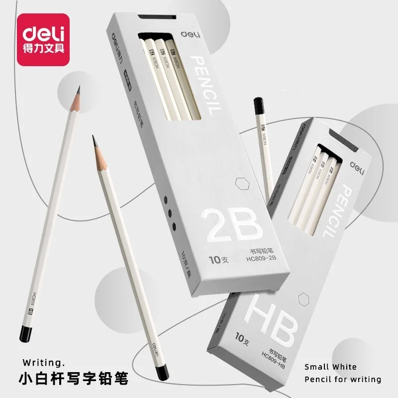 Deli HC809 HB/2B White Hexagonal Pencil 10pcs/Set Safe and Non toxic Stationery Supplies,Suitable for Elementary School Students