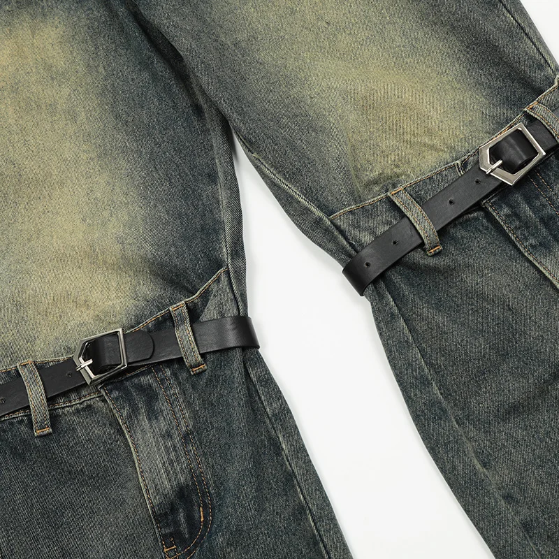 UPRAKF Split Patchwork Design Straight Jeans Streetwear Wide Leg Denim Loose Autumn Fashion Basic High Street