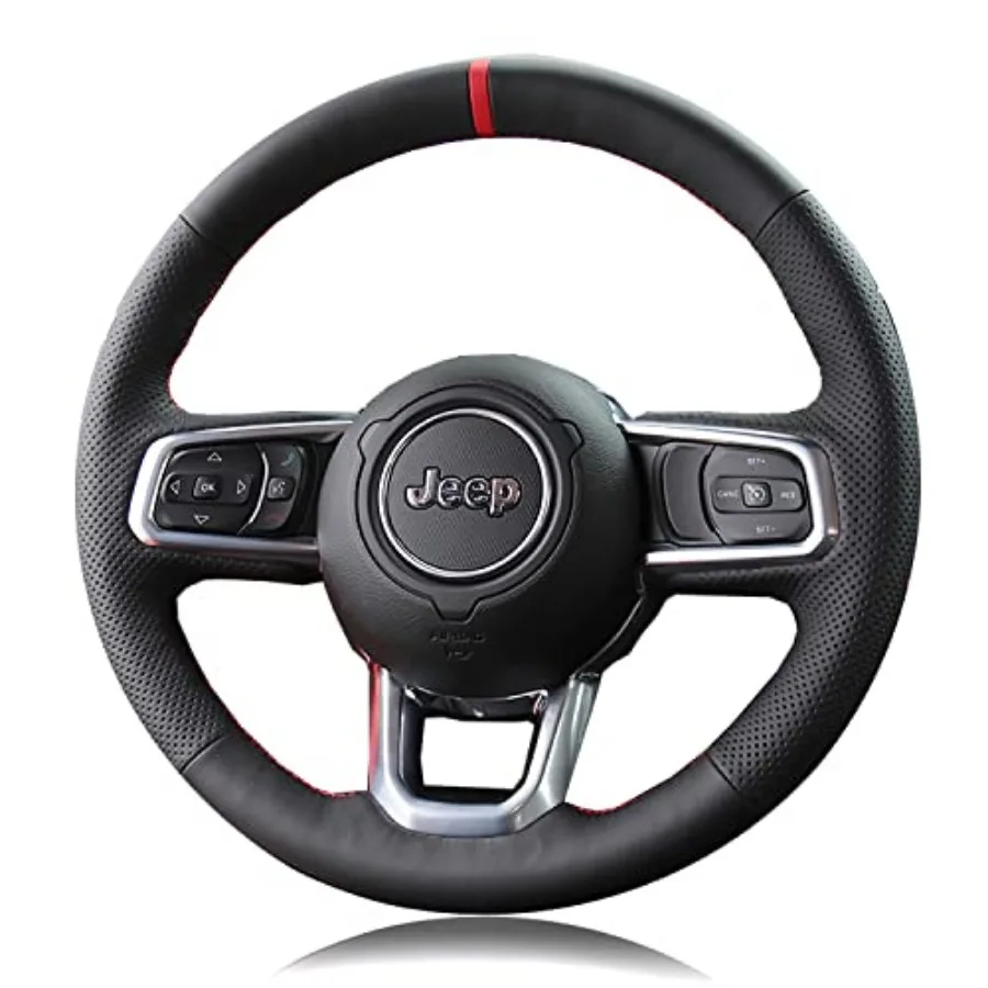 

Black Side Perforated Leather Red Marker Steering Wheel Protector Cover Hand-Stitch on Wrap Fit for Jeep Wrangler 2018 2019 202