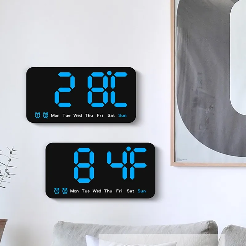 Sprachsteuerung, große digitale Wanduhr, Temperatur, Datum, Woche, DST, Schlummer-Tischuhr, 12/24 Stunden, Dual-Alarm, Wand-LED-Uhr – Detail 27
