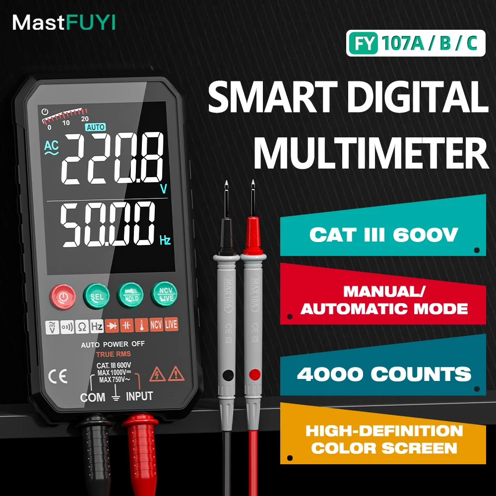 MASTFUYI Универсальный цифровой мультиметр с автоматическим определением диапазона — интеллектуальный мультиметр с тестером непрерывности сопротивления NCV для напряжения переменного/постоянного тока