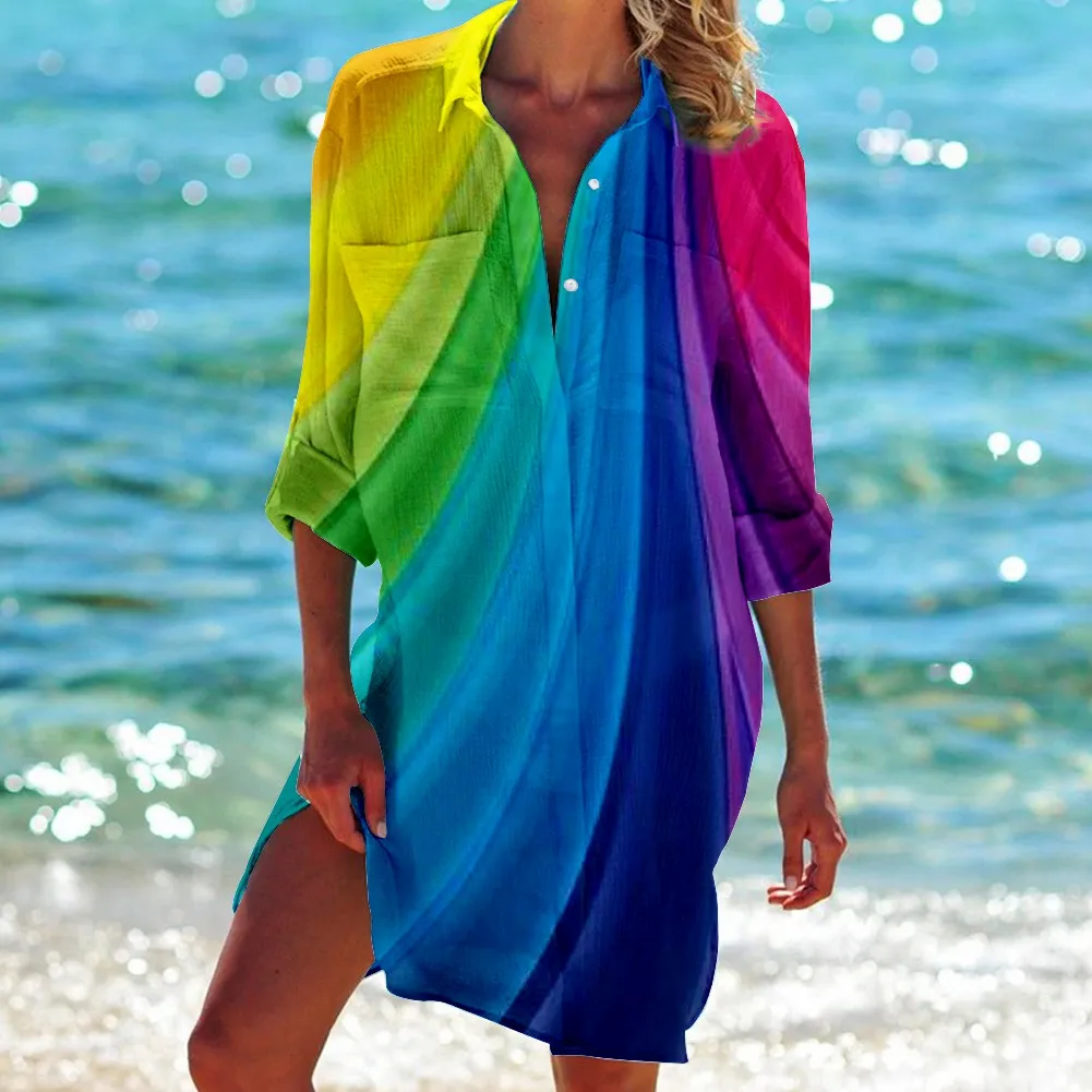 Vestido de camisa pintado com estampa 3D feminino, vestido de manga comprida, top sexy, casaco colorido, praia, novo, verão