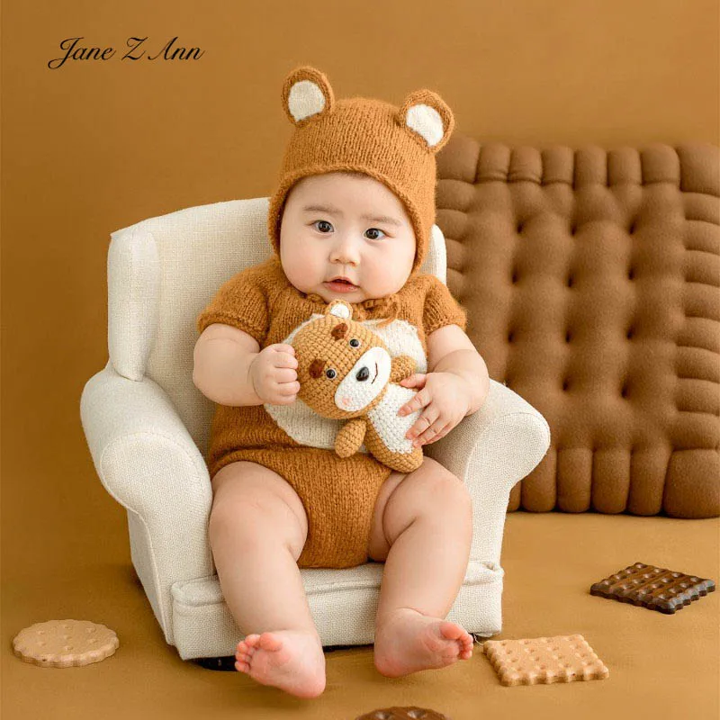 

3-6 month baby bear photography outfit handmade brown knit hat romper bear doll infant photo shoot