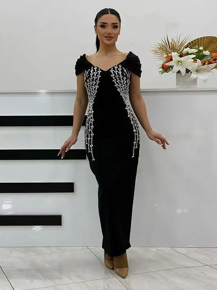 

Sexy Short Sleeves V Neck Diamonds Bandage Dress Women Black Folds Sleeves Crystal Bodycon Dresses Evening Party Gowns