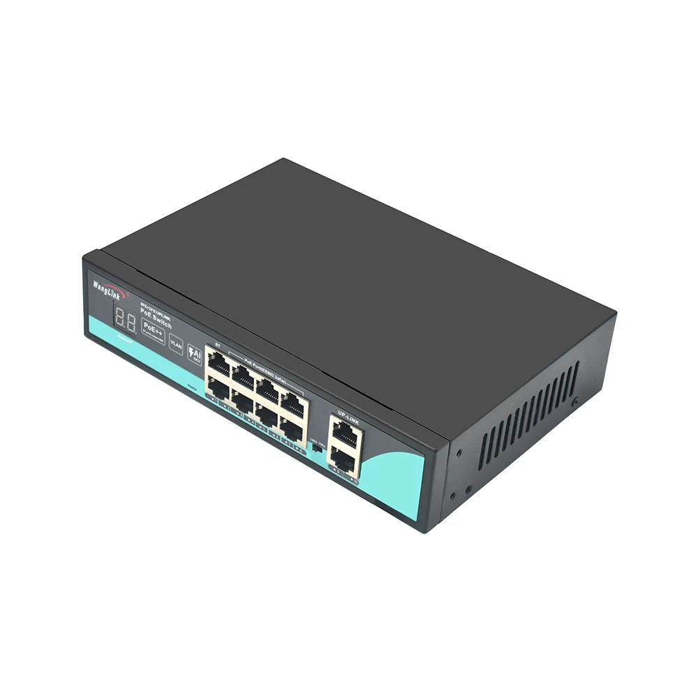 Wanglink PoE Switch 8 Port PoE 2*100M OEM AI + 6KV POE Switch with Digital Tube Display for Security CCTV Camera