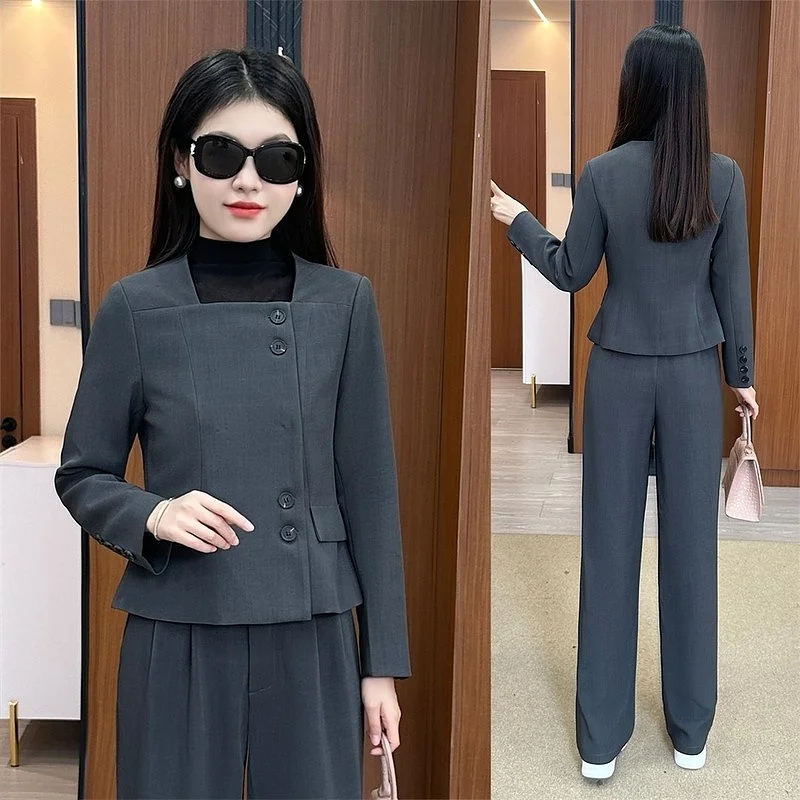 

Faionable ort Suit Set for Women Autumn 2024 Ele Youthful plus Size Two Piece Set with Wide Leg Pants Buttoned Polyes...