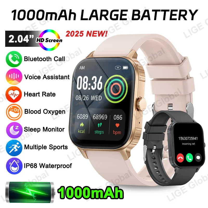 

LIGE New 1000mAh Battery Voice Calling Smart Watch Women 2.04" HD Large Screen Hear Rate Blood Oxygen Smartwatch Men 100+ Sports