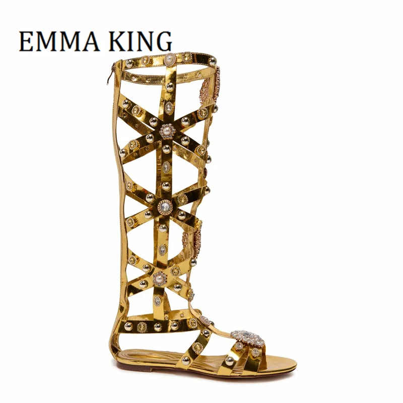 Women Golden Gladiator Sandal Sexy Open Toe Crystal Embellished Knee High Sandal Boots Ladies Strappy Cut Out Rhinestone Flats