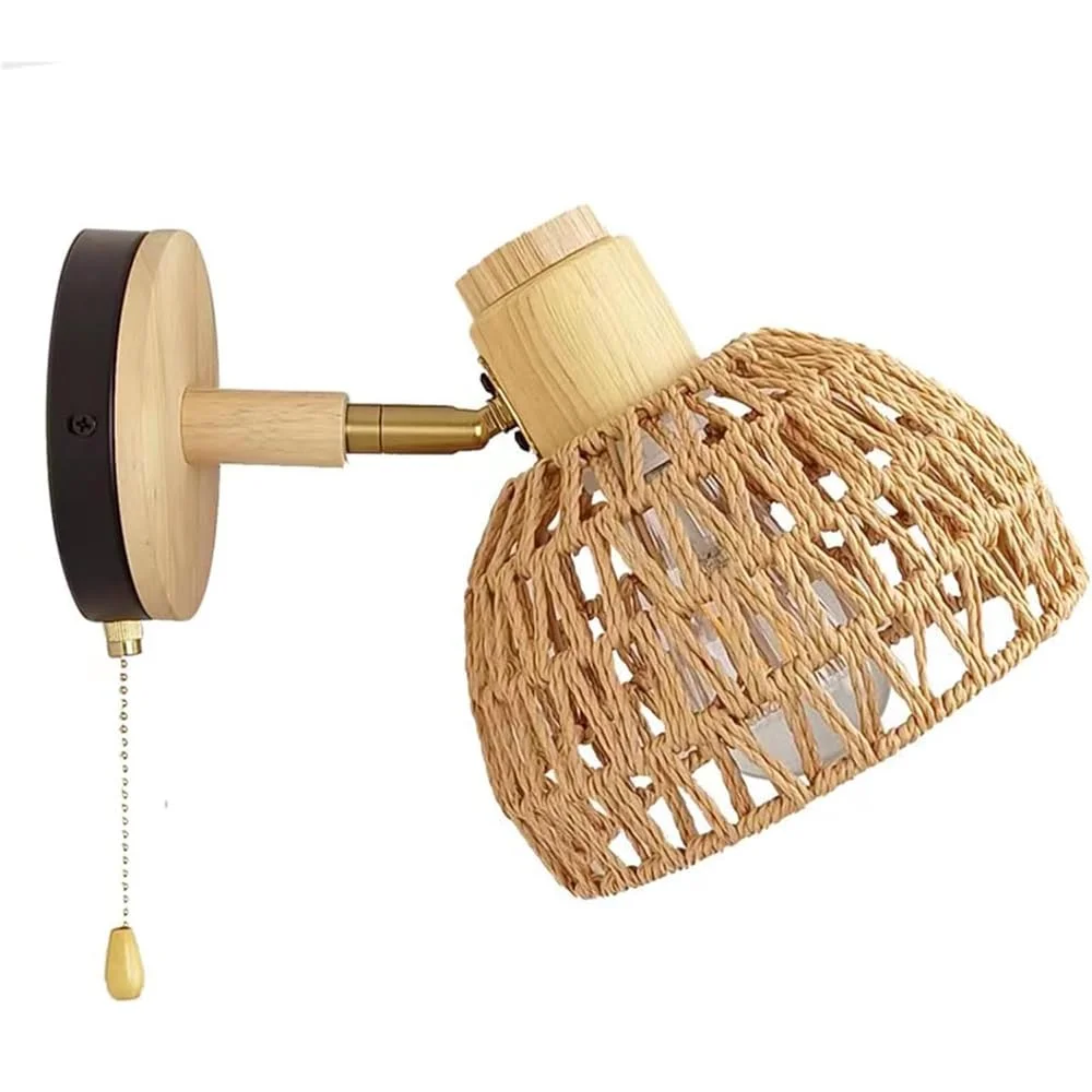 

Retro Wall Lamp Shades E26 Base No Bulb Rattan Wall Sconce Light with Pull Chain Switch Rattan Lamps for Bedroom, Fixture Indoor