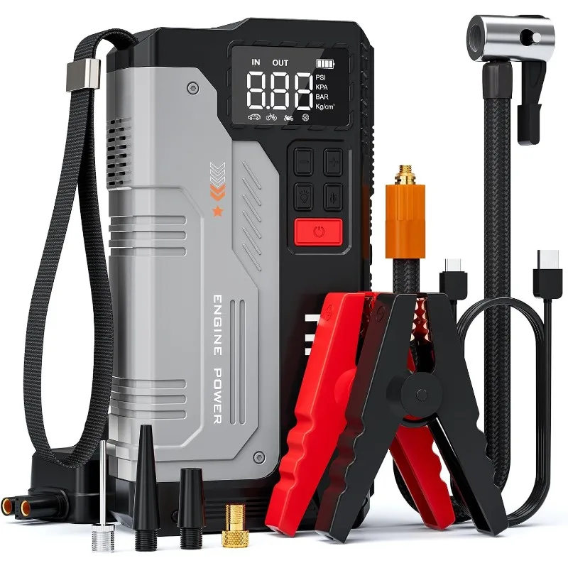 

Car Jump Starter with Air Compressor, 5000A Portable Jump Starter Battery Pack with 150PSI Tire Inflator for Up to 10.0L Gas and