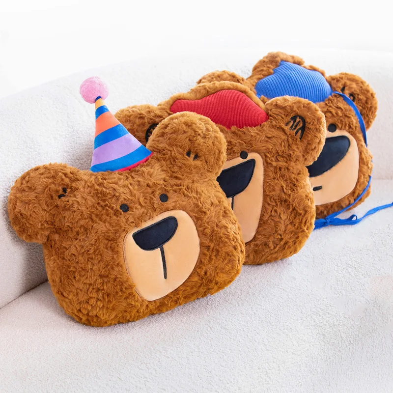 Kawaii Birthday Bear Plush Pillow Toy Fluffy Cartoon Bear Throw Pillow Back Cushion Cute Home Party Decor Kids Birthday Gift