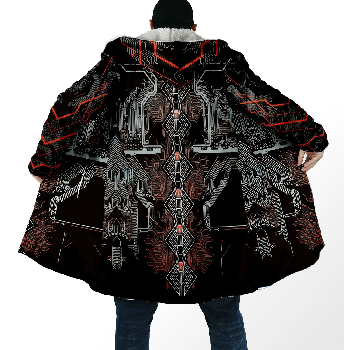 2025 Winter Fashion Men's Cloak Electronic chip 3D Printed Thick Fleece Hooded Cloak Unisex Casual Warm Cape Coat DP104