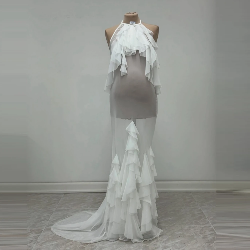 Ver através de malha branca sereia vestido de gravidez bonito babados camadas halter para eventos formais vestidos para fotografia vestidos de maternidade