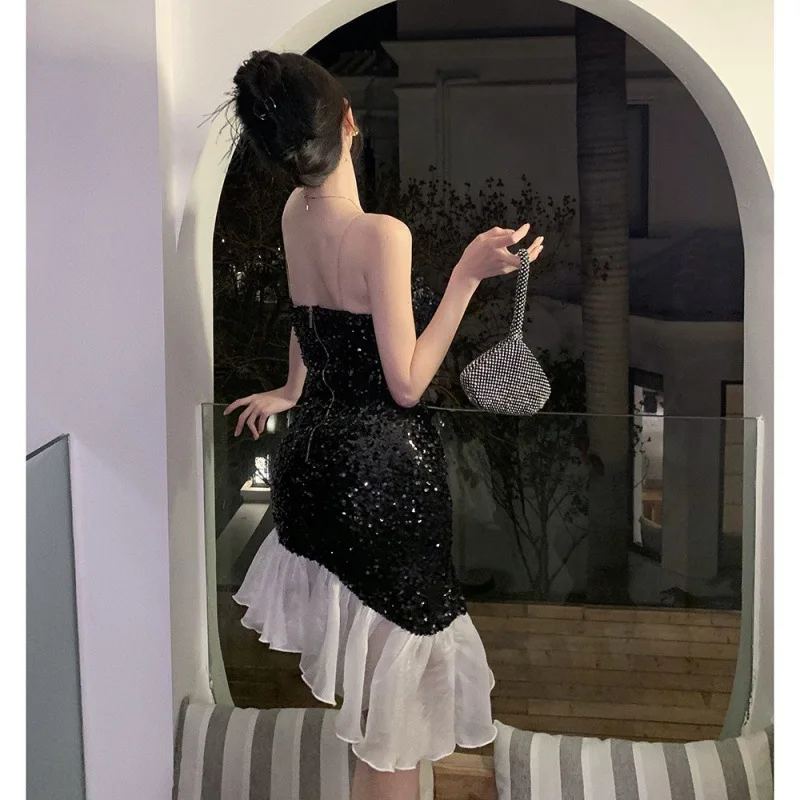 Black Sequin Wedding Dresses Women Summer Elegant Sexy Shoulder Strap Prom Evening Guest Cocktail Formal Party Short Dress