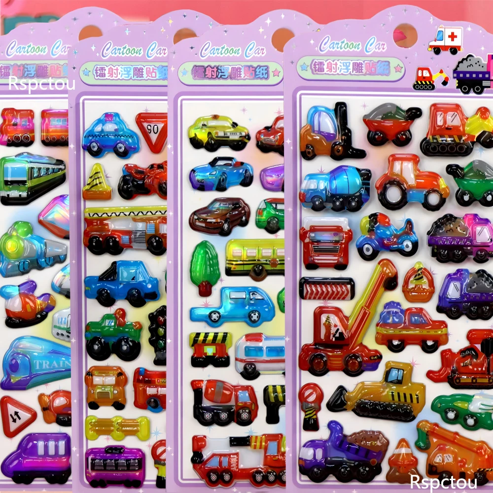 4pcs Cute Creative Cartoon Car Vehicles 3D Relief Stickers Funny Decoration Decals Kawaii Truck DIY Bubble Decals for Phone Bike