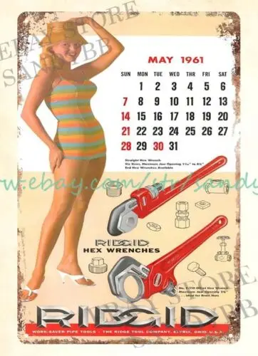 1p,wall decals 191 RIDGID Calendar girl hex wrenches garage workshop metal tin sign