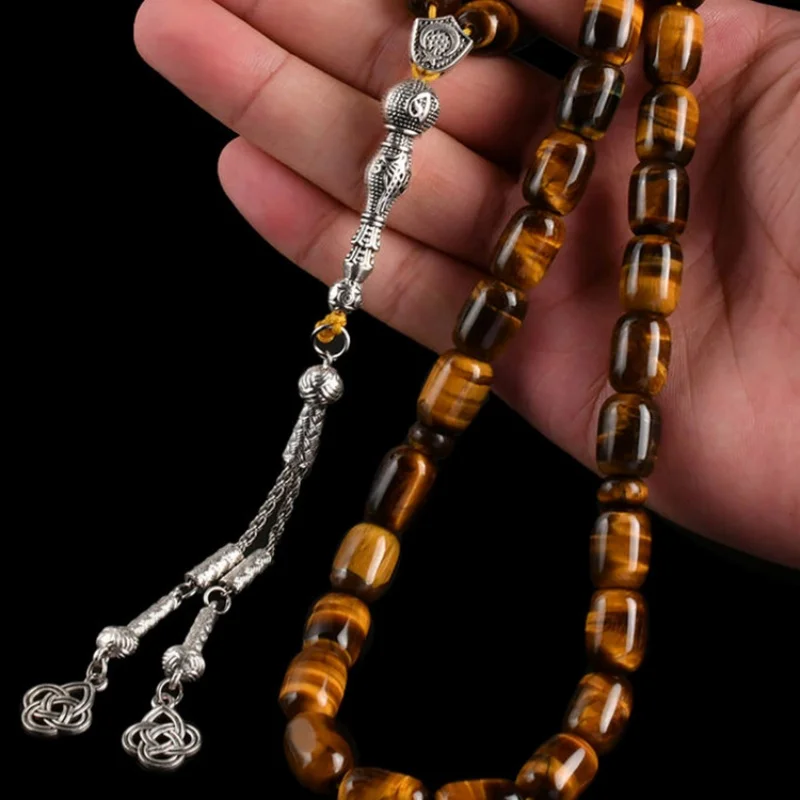 10*14mm 33 natural tiger's Eye stone cylindrical Muslim rosary bracelet, Tesbiha prayer rosary gift