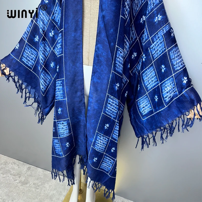 WINYI verano con flecos tie-dye impreso mujeres maxi cárdigan vestido largo elegante Boho suelta playa cubrir kimonos abaya dubai lujo