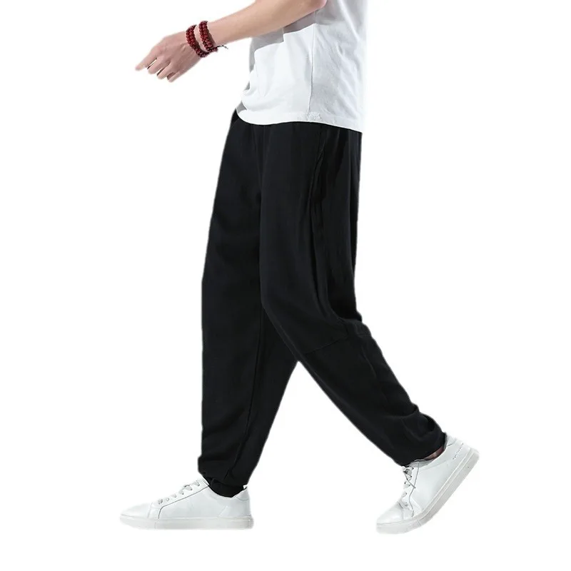 

Chinese Style Draped Lace Up Long Pants for Men, Linen Soft Cropped Pants, Thin Vintage Cotton and Linen Long Pants for Men