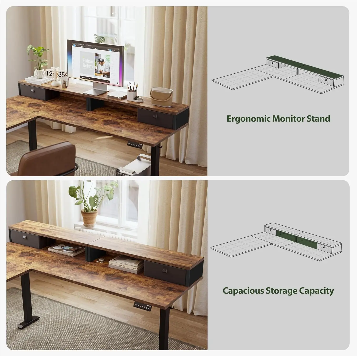 Mesa de pé elétrica em formato com 2 gavetas, mesa ergonômica de altura ajustável de 63 polegadas