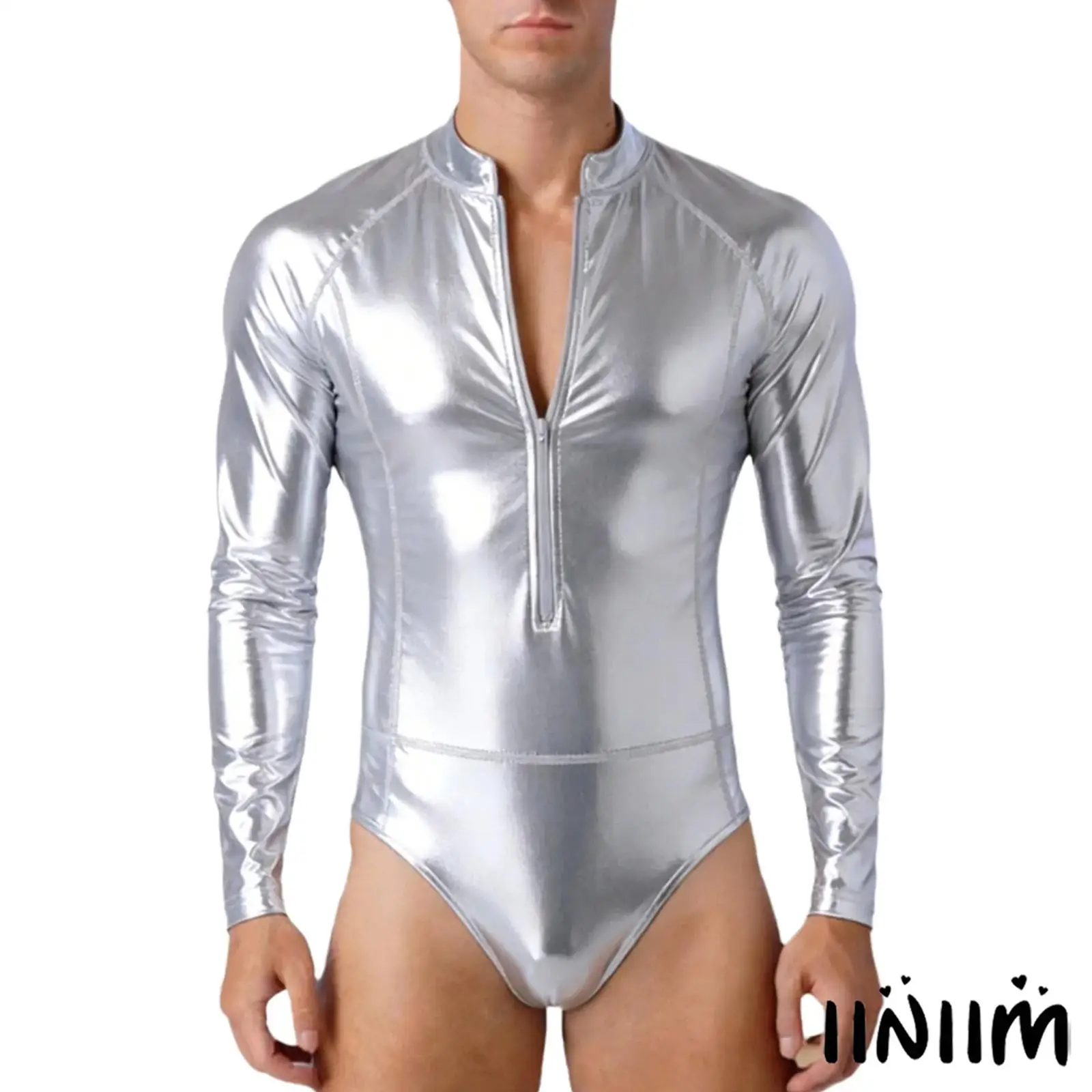 

Mens Metallic Shiny Bodysuit Front Zipper Long Sleeve One-piece Bodycon Leotard for Nightclub Jazz Dance Gymnastics Practice