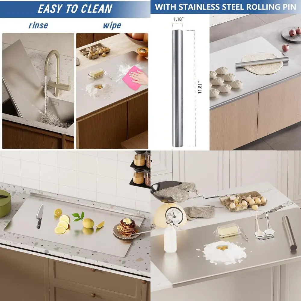 

Stainless Steel 35.4x19.7 Chopping Board with Rolling Pin & Non-Slip Mat for Baking & Food Prep