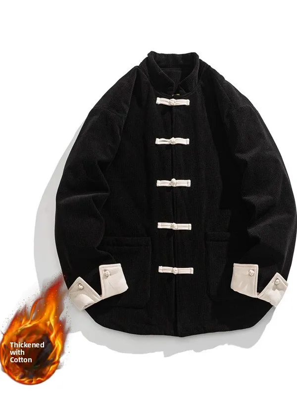 

New Chinese Sle Thiened Warm Corduroy Cotton Jaet with Button Vintage National Sle Men's Clothing Winter Coat