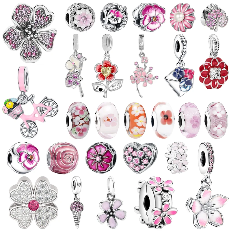 

Hot Sale Pink Red Petal Cherry Blossom Daisy Flowers Charm Bead Fit Original European 925 Silver Bracelet DIY Women Jewelry Gift
