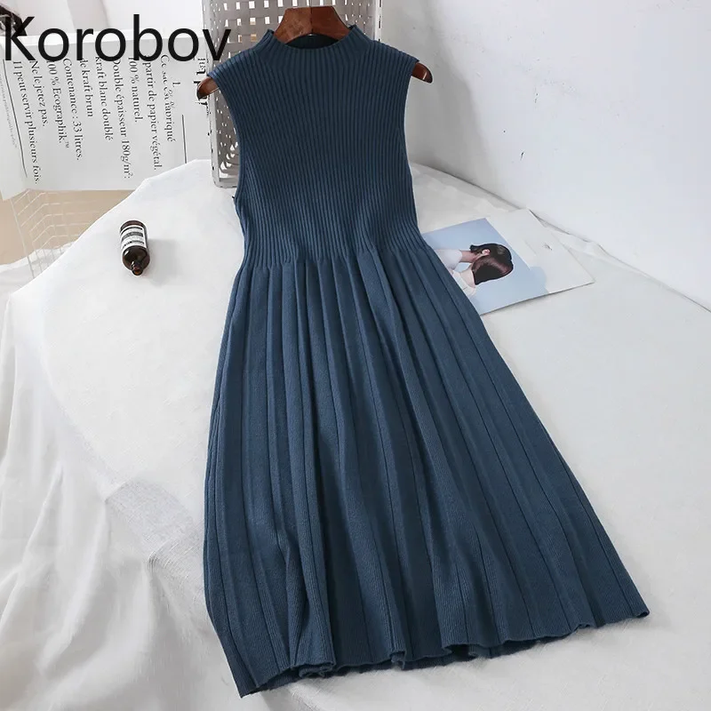 Korobov Vintage Half Turtleneck Sleeveless Women Dress Korean 2020 Spring New Arrival Solid Knitted Dresses High Waist Vestidos