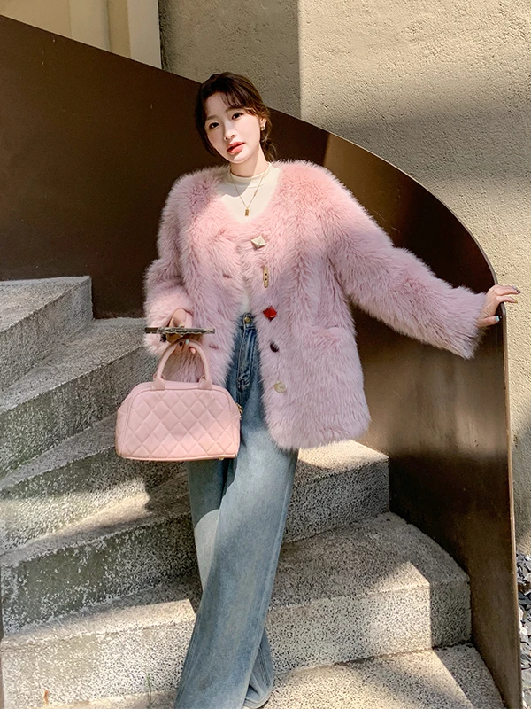 

Pink Fluffy Lamb Fur Jaet Women's ort Thi Warm Inteated Leather Fur Winter New Sle Ele Loose Fit Long Sve Coat