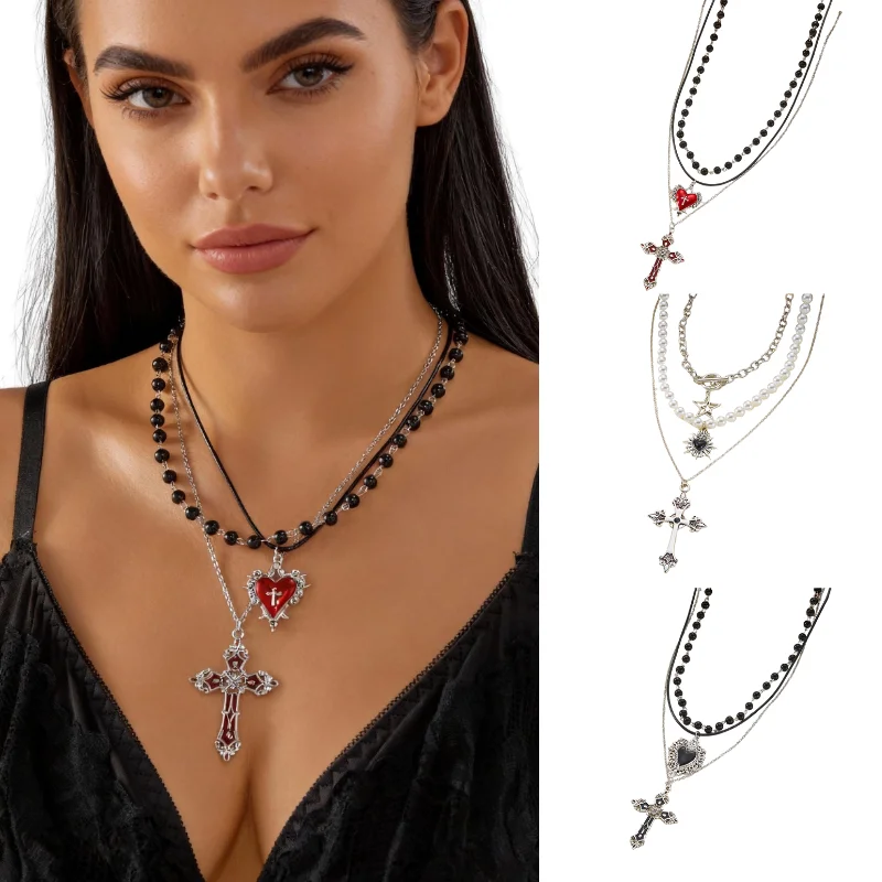 

Gothic Style Pearl Heart Flower Cross Pendant Necklace Set Punk Aesthetic New Model Jewelry Accessories Death Cross Heart