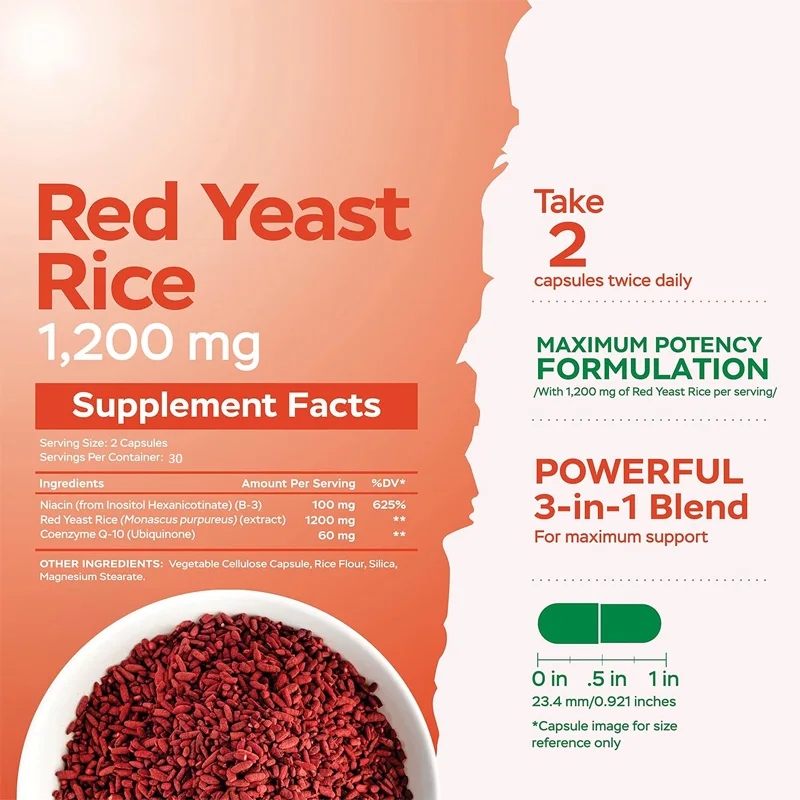 Red yeast rice 1200mg contains coenzyme Q10 and non rinse niacin 60 capsules vegetarian capsules - without citrine