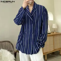 Men Striped Shirt Lapel Long Sleeve Double Breasted Korean Men Clothing Streetwear 2023 Loose Fashion Casual Male Shirts INCERUN