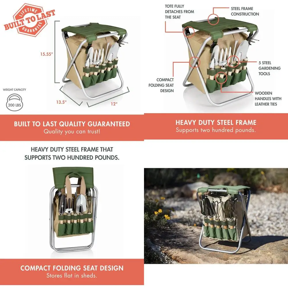 

Olive Green Portable Gardening Seat with Detachable Organizer for Weeding and Yard Work