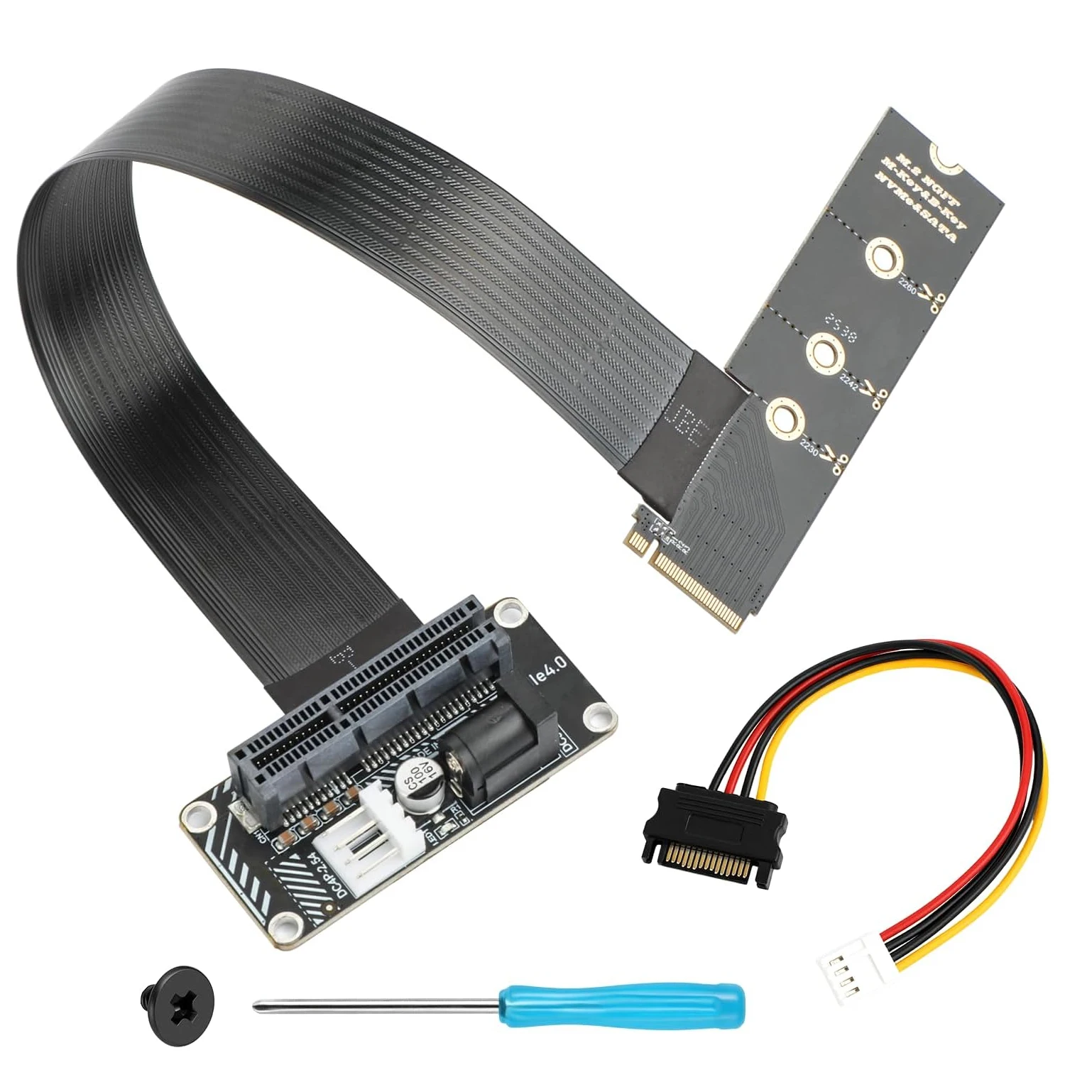 RGEEK M.2 NVME to PCie 4.0 x4 Riser Extension Adapter Card, support PCIe 3.0/2.0, 2230 2242 2260 2280 12V SATA DC5521 Powered