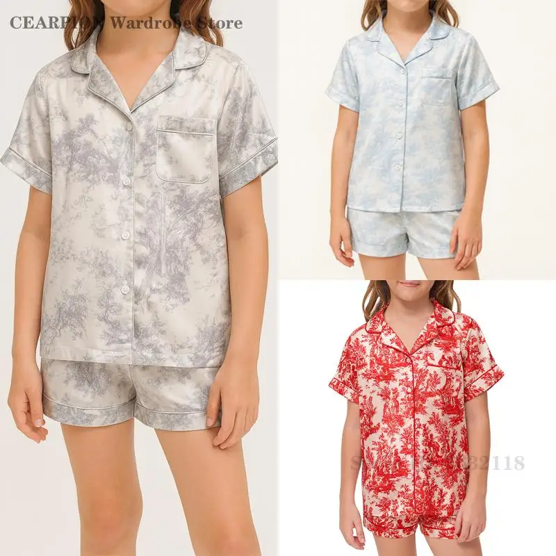 

Print Flower 2PCS Pajamas Set Sleepwear Summer Short Sleeved Shorts Pijamas Suit Loose Casual Silk Satin Home Clothes Loungewear