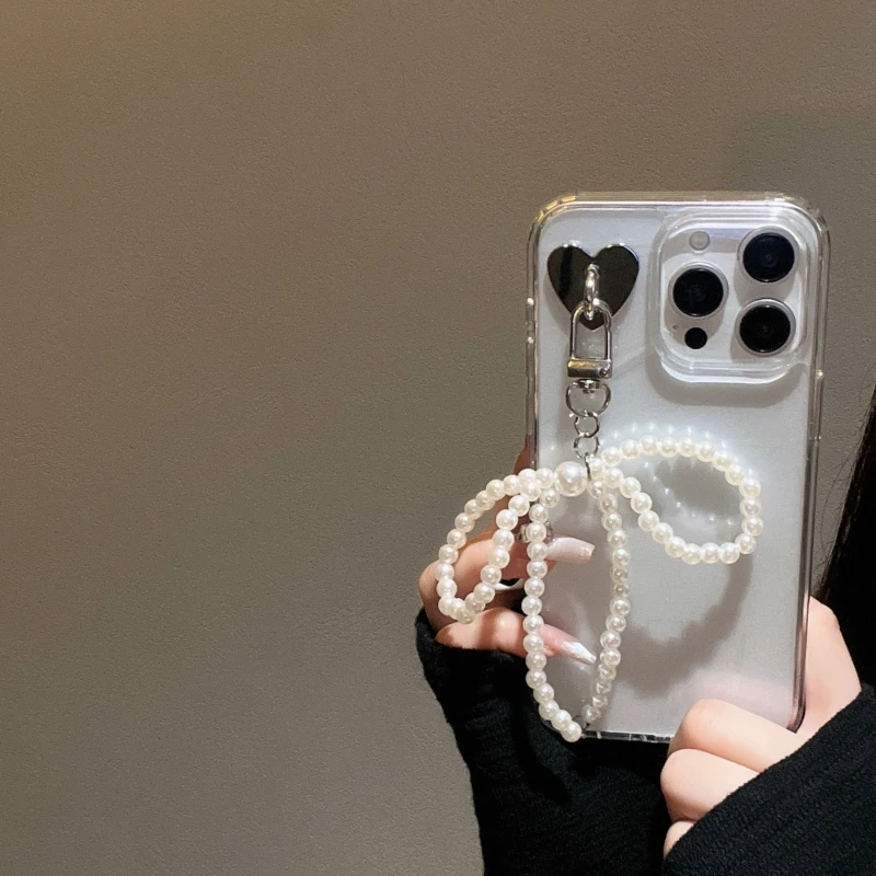 Transparent Acrylic Pearl Bow Pendant Phone Case For iPhone 11 15 12 14 13 Pro Max 15 14 Pro Shockproof Protective Hard Cover