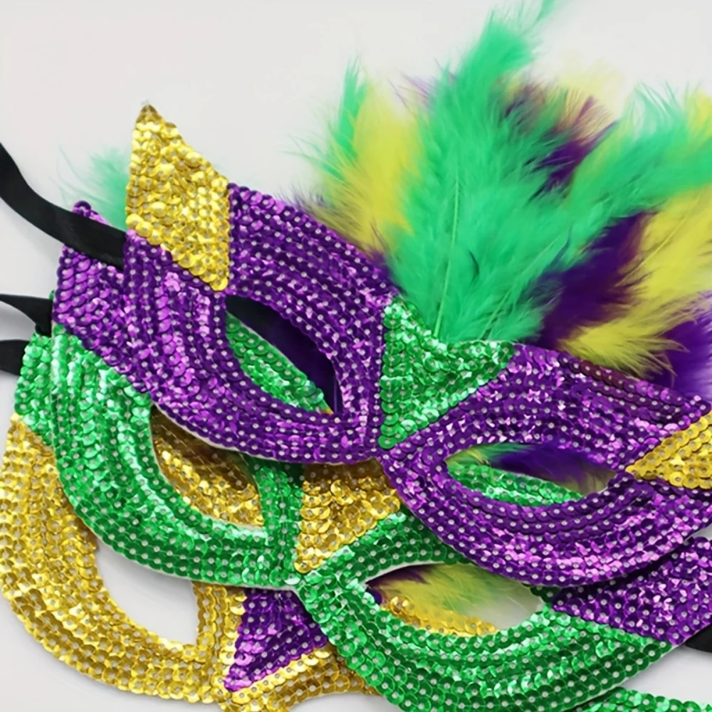 3 máscaras de media cara con lentejuelas y plumas artificiales para carnaval, adecuadas para mujeres, para actuaciones de disfraces (tres estilos aleatorios)