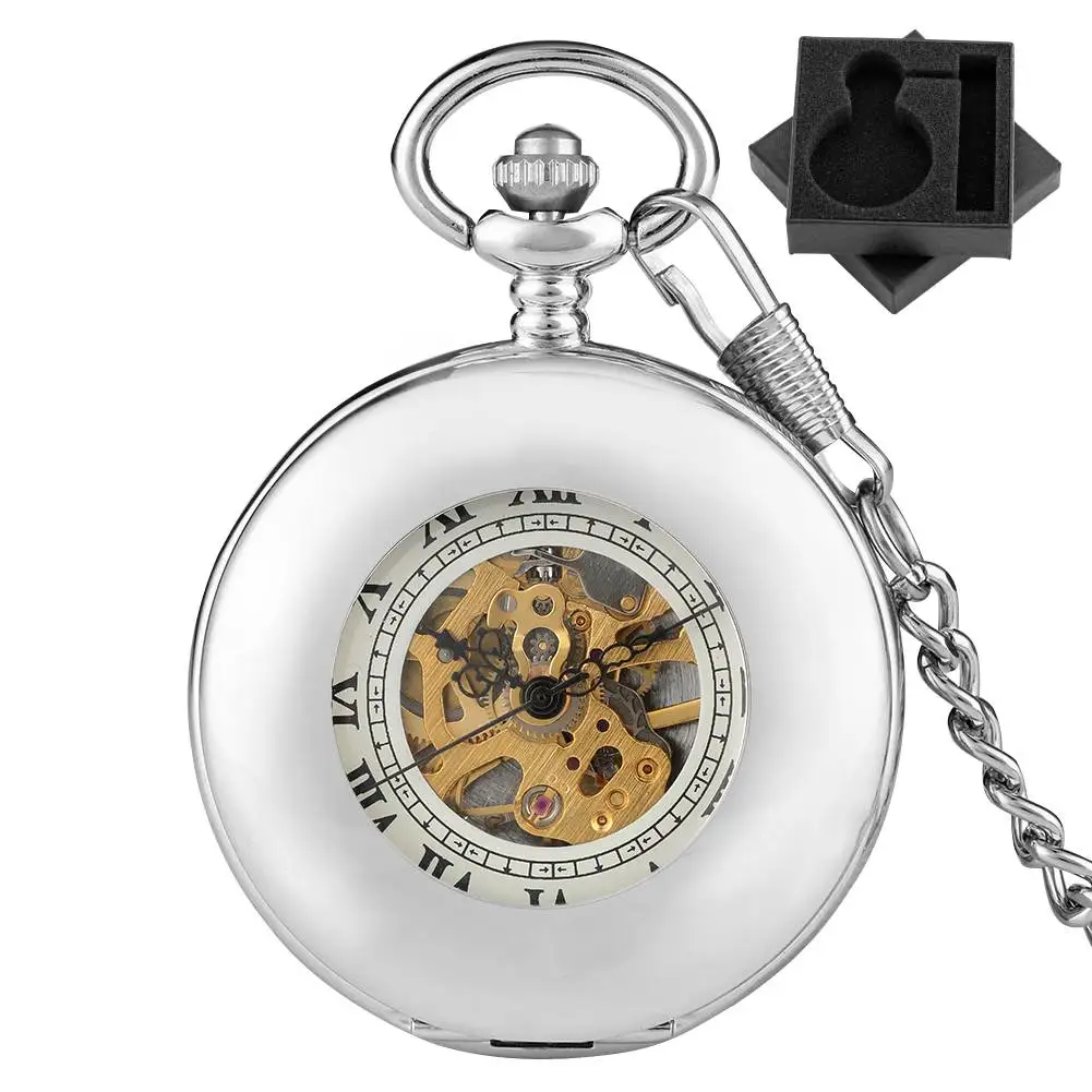 

Простые винтажные серебряные механические карманные часы с римскими цифрами на циферблате, подвесные часы Half Hunter, гладкие карманные часы с полировкой