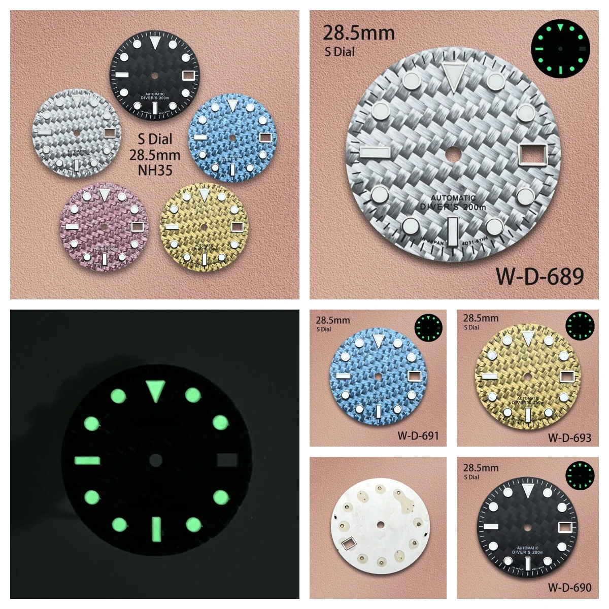

28.5mm S Logo Carbon Fiber Dial Fit NH35/NH36/4R/7S Movement Green Luminous Diving High-Quality Watch Modification Accessories