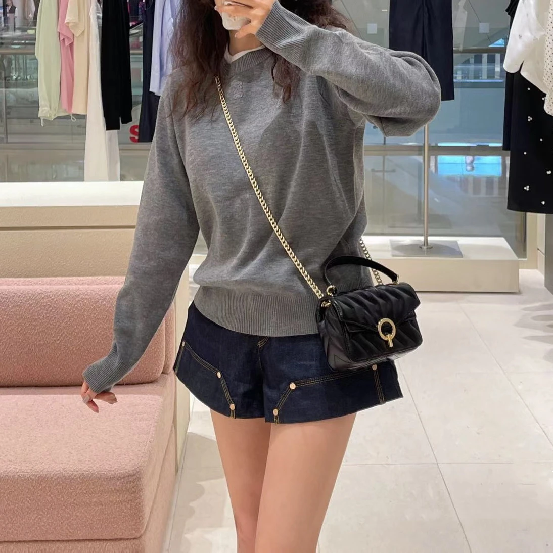 

Grey sweater casual collar contrasting lazy style sweater y2k round neck knitted sweater S Home 2024 early autumn new item