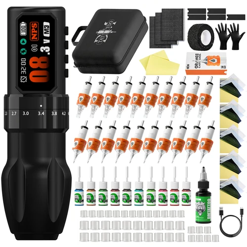 Imagen 2 del producto Kit de máquina de tatuaje profesional, pluma de tatuaje de carrera ajustable inalámbrica, Motor sin escobillas sin núcleo con aguja de tatuaje, taza de tinta para tatuaje